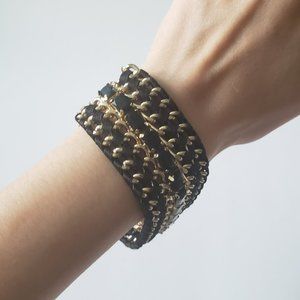 Thick Black Braided Ribbon Chain Rhinestone Bracelet
